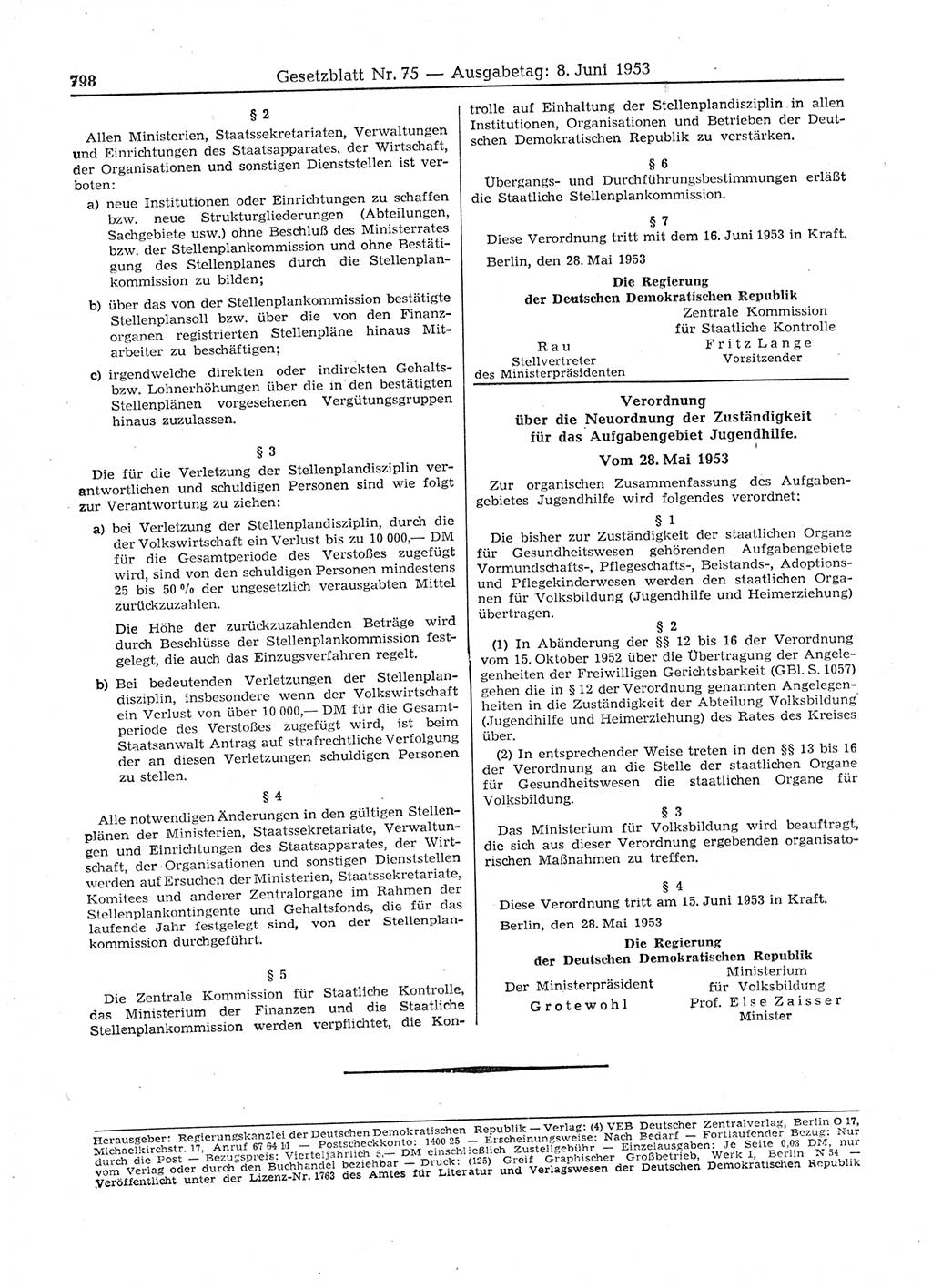 Gesetzblatt (GBl.) der Deutschen Demokratischen Republik (DDR) 1953, Seite 798 (GBl. DDR 1953, S. 798)