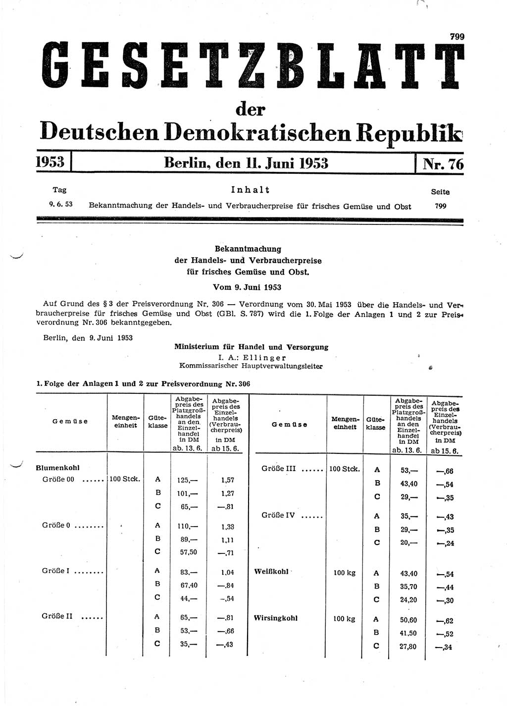 Gesetzblatt (GBl.) der Deutschen Demokratischen Republik (DDR) 1953, Seite 799 (GBl. DDR 1953, S. 799)