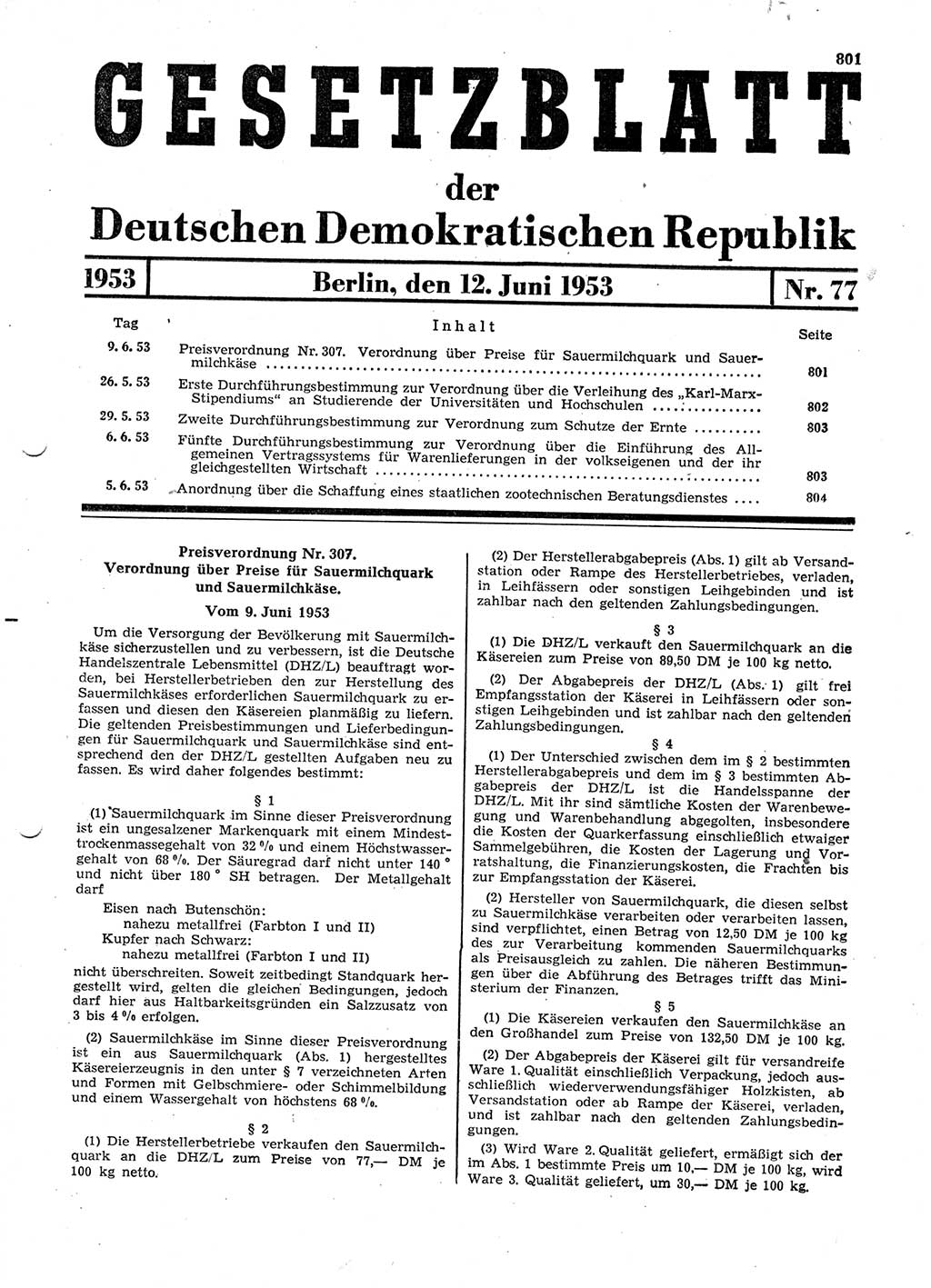 Gesetzblatt (GBl.) der Deutschen Demokratischen Republik (DDR) 1953, Seite 801 (GBl. DDR 1953, S. 801)