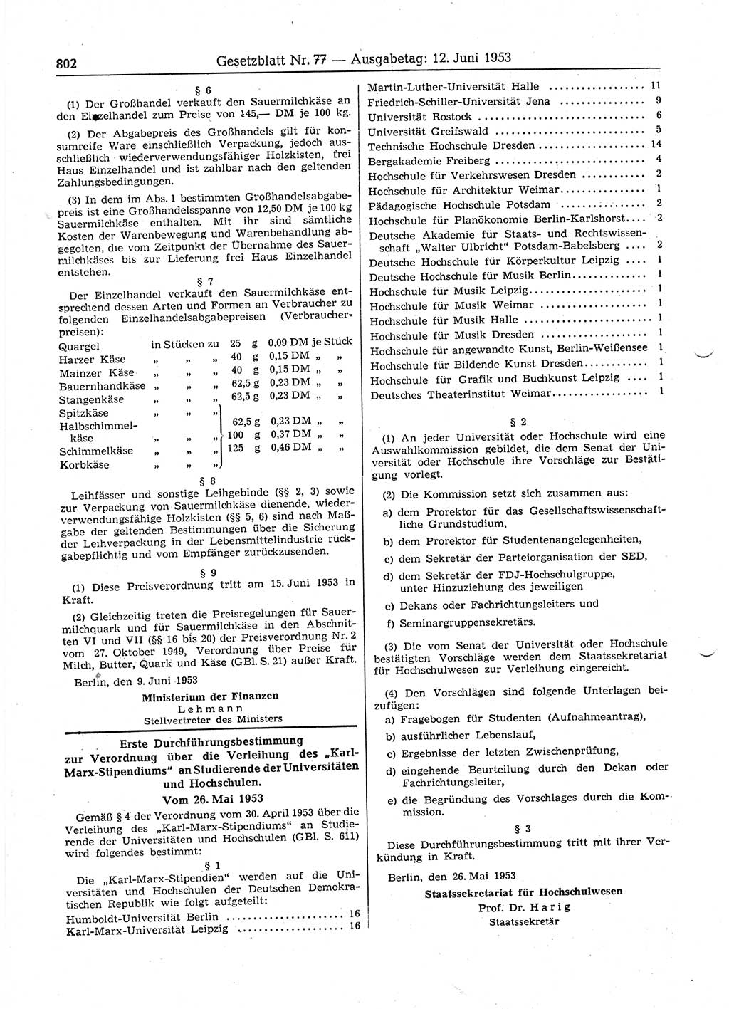 Gesetzblatt (GBl.) der Deutschen Demokratischen Republik (DDR) 1953, Seite 802 (GBl. DDR 1953, S. 802)