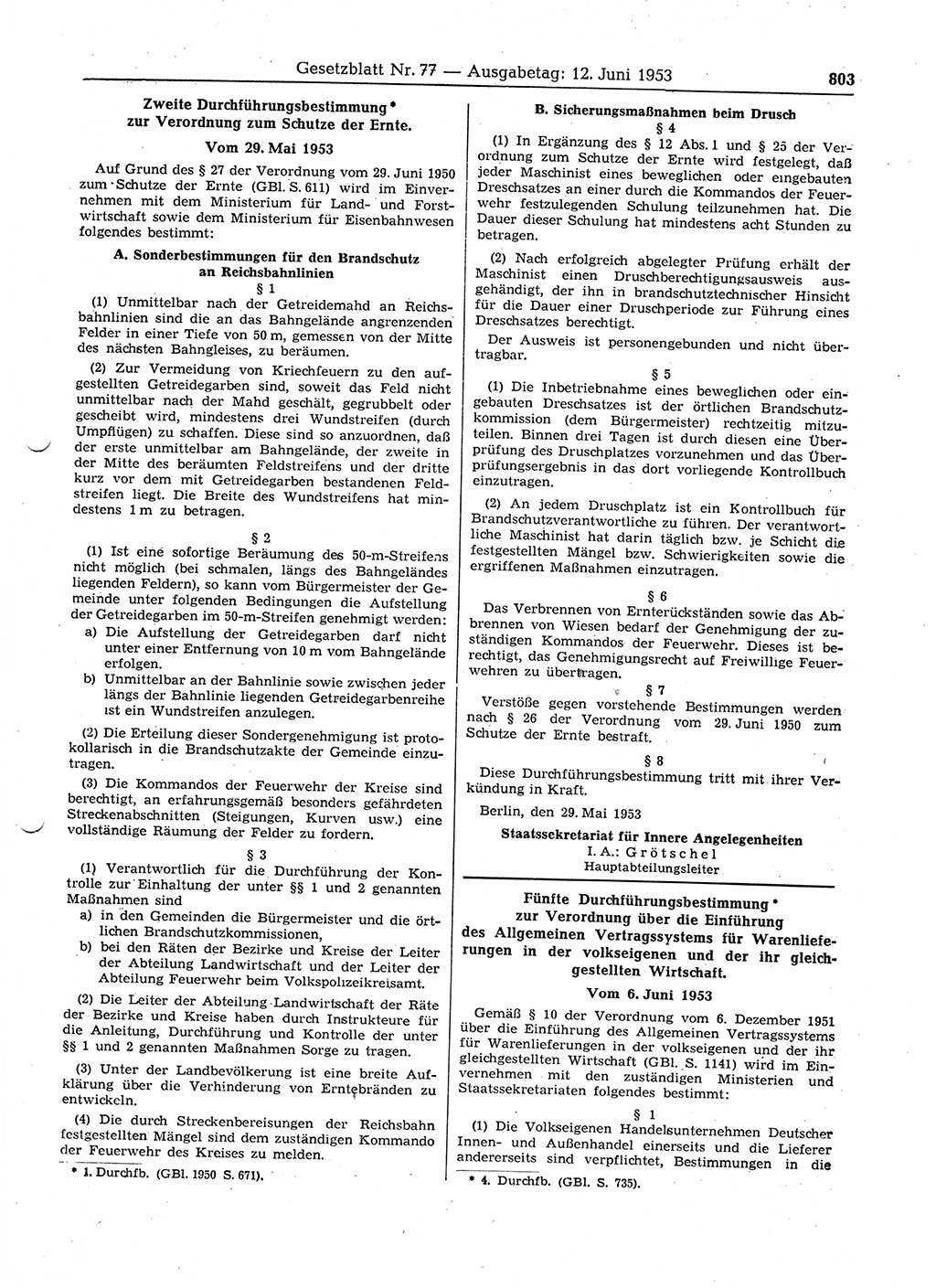 Gesetzblatt (GBl.) der Deutschen Demokratischen Republik (DDR) 1953, Seite 803 (GBl. DDR 1953, S. 803)