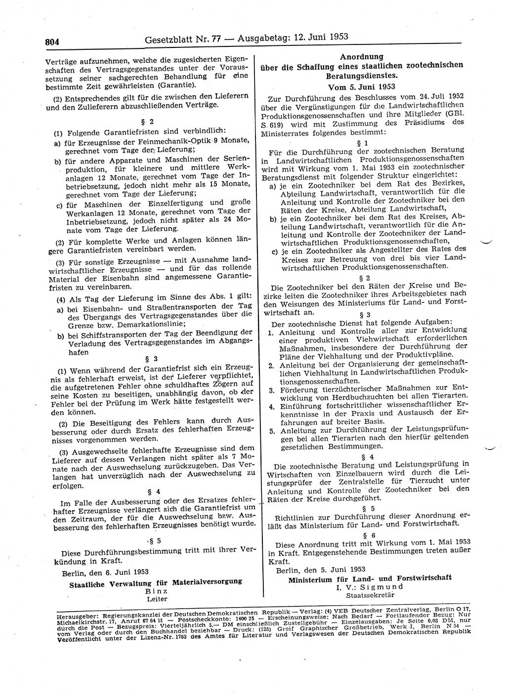 Gesetzblatt (GBl.) der Deutschen Demokratischen Republik (DDR) 1953, Seite 804 (GBl. DDR 1953, S. 804)