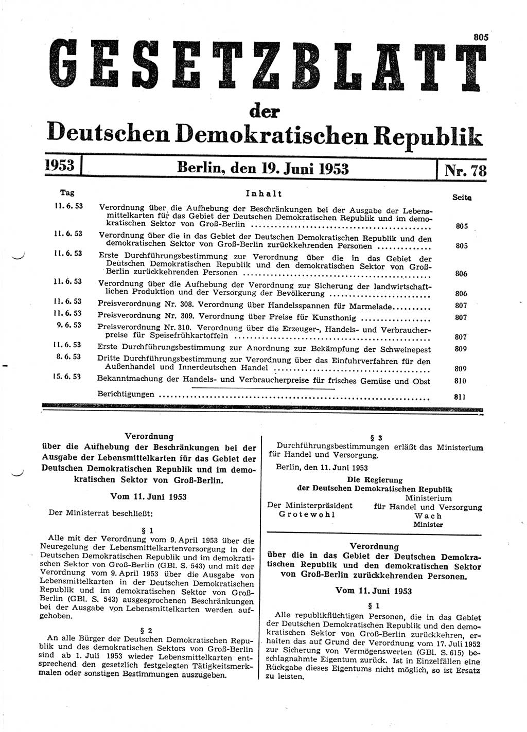 Gesetzblatt (GBl.) der Deutschen Demokratischen Republik (DDR) 1953, Seite 805 (GBl. DDR 1953, S. 805)