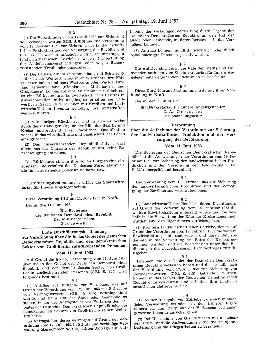 Gesetzblatt (GBl.) der Deutschen Demokratischen Republik (DDR) 1953, Seite 806 (GBl. DDR 1953, S. 806)