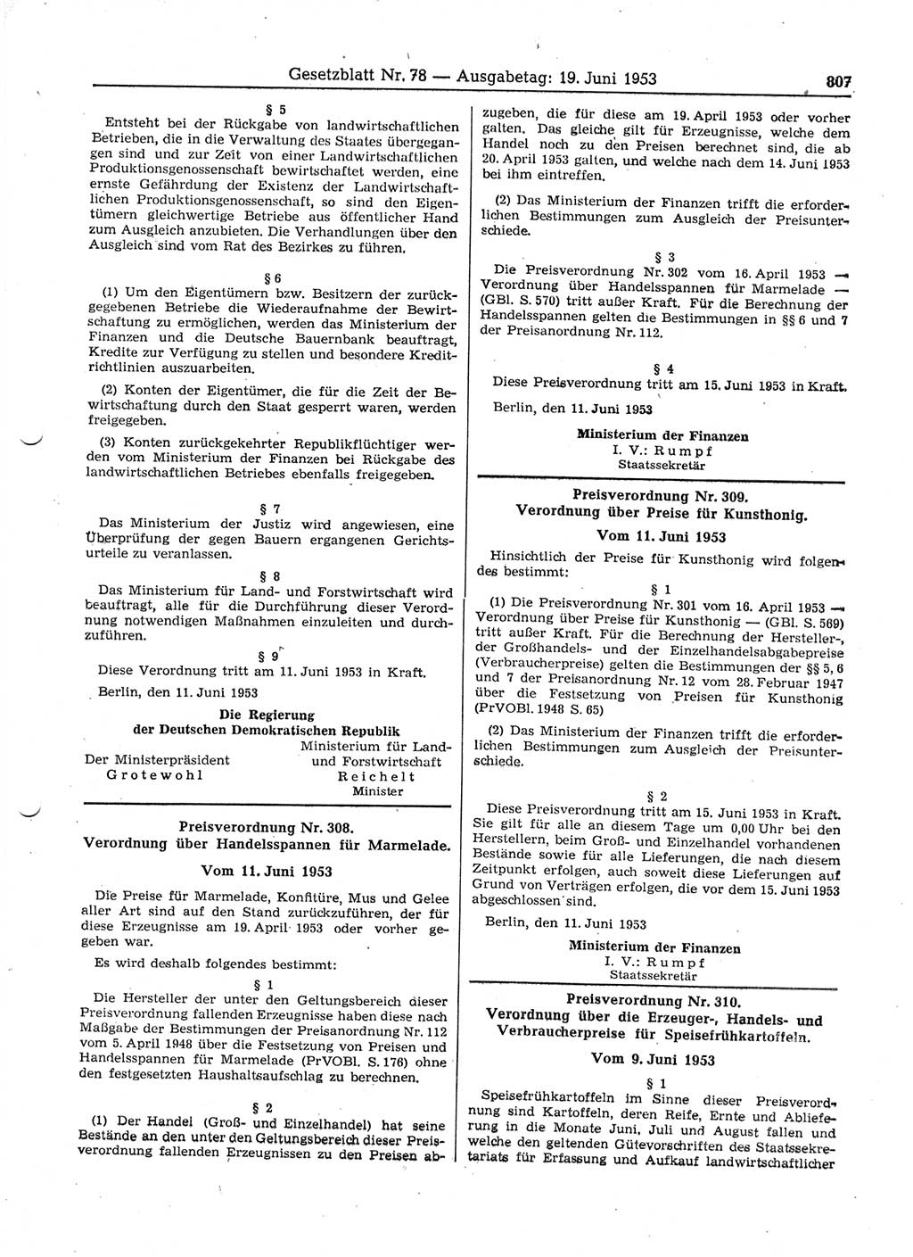 Gesetzblatt (GBl.) der Deutschen Demokratischen Republik (DDR) 1953, Seite 807 (GBl. DDR 1953, S. 807)