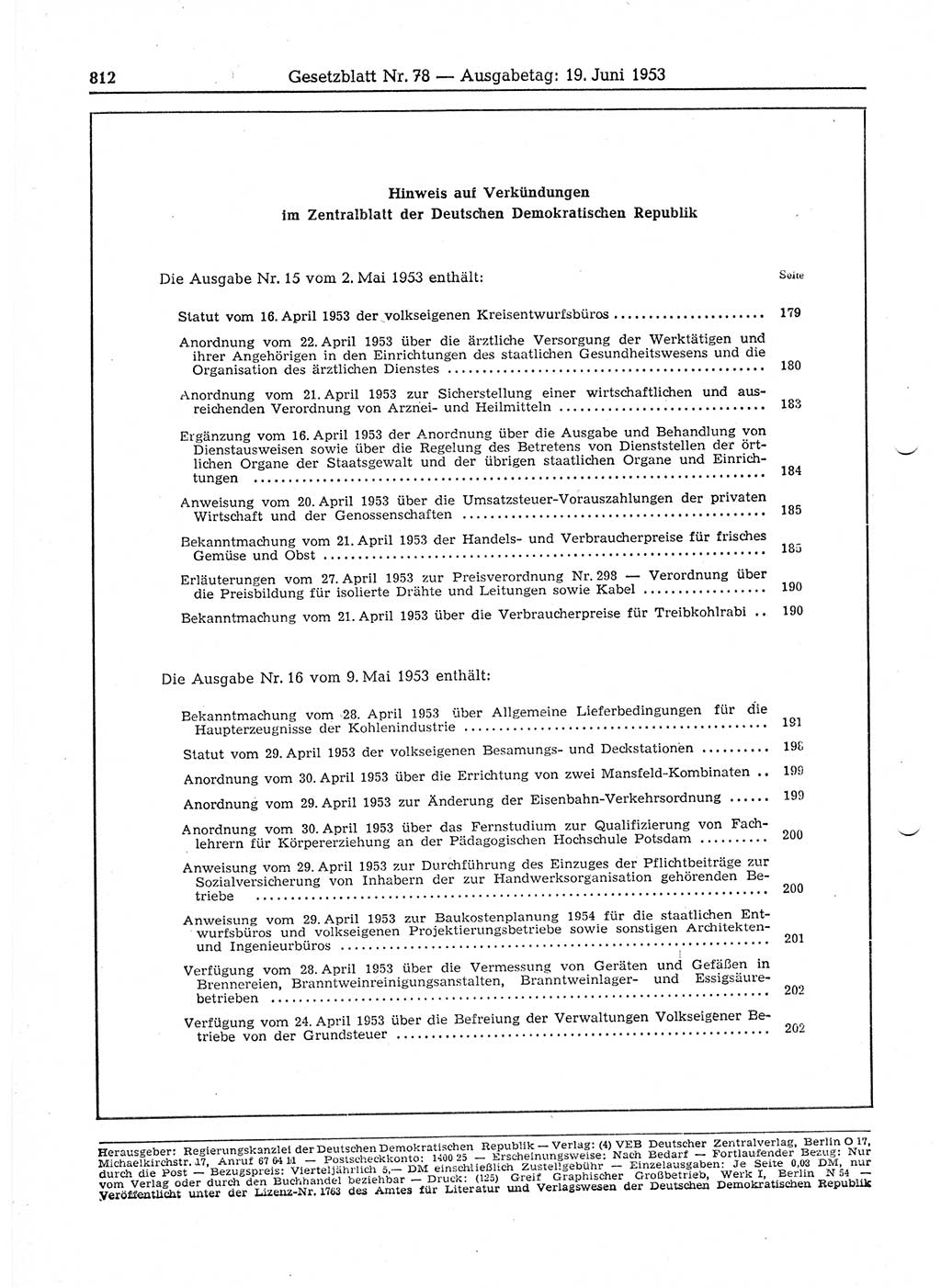 Gesetzblatt (GBl.) der Deutschen Demokratischen Republik (DDR) 1953, Seite 812 (GBl. DDR 1953, S. 812)
