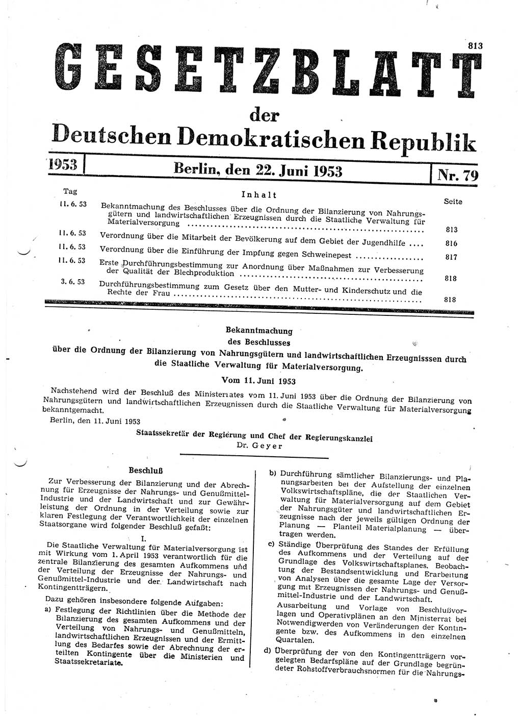Gesetzblatt (GBl.) der Deutschen Demokratischen Republik (DDR) 1953, Seite 813 (GBl. DDR 1953, S. 813)