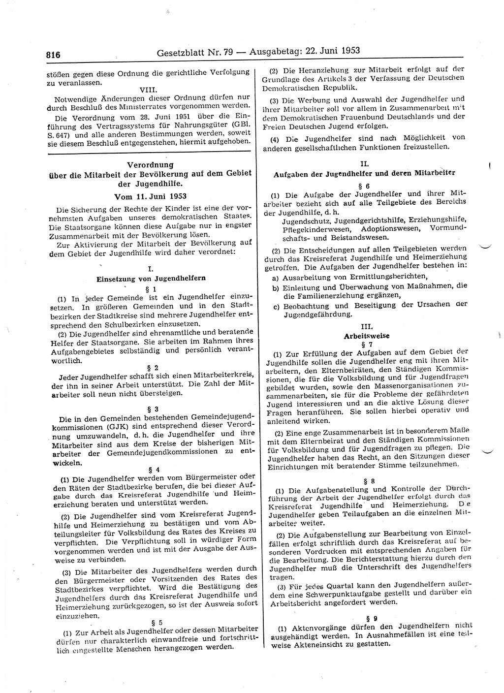 Gesetzblatt (GBl.) der Deutschen Demokratischen Republik (DDR) 1953, Seite 816 (GBl. DDR 1953, S. 816)