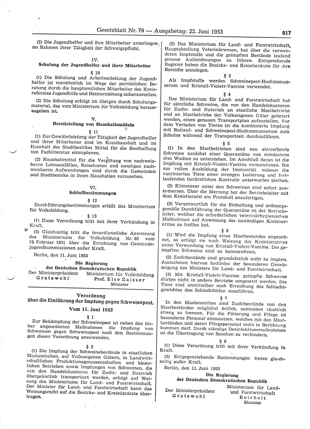 Gesetzblatt (GBl.) der Deutschen Demokratischen Republik (DDR) 1953, Seite 817 (GBl. DDR 1953, S. 817)