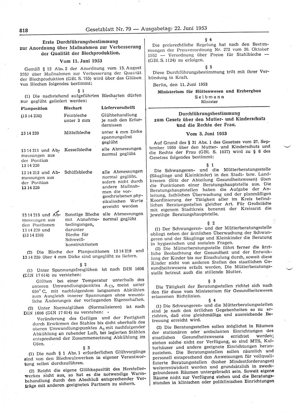 Gesetzblatt (GBl.) der Deutschen Demokratischen Republik (DDR) 1953, Seite 818 (GBl. DDR 1953, S. 818)