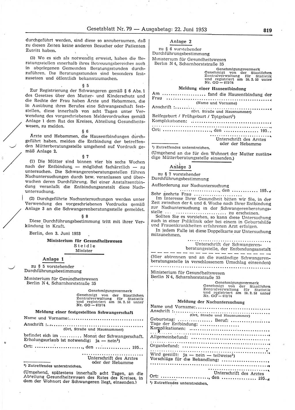 Gesetzblatt (GBl.) der Deutschen Demokratischen Republik (DDR) 1953, Seite 819 (GBl. DDR 1953, S. 819)