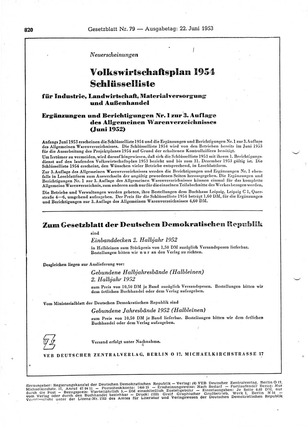 Gesetzblatt (GBl.) der Deutschen Demokratischen Republik (DDR) 1953, Seite 820 (GBl. DDR 1953, S. 820)