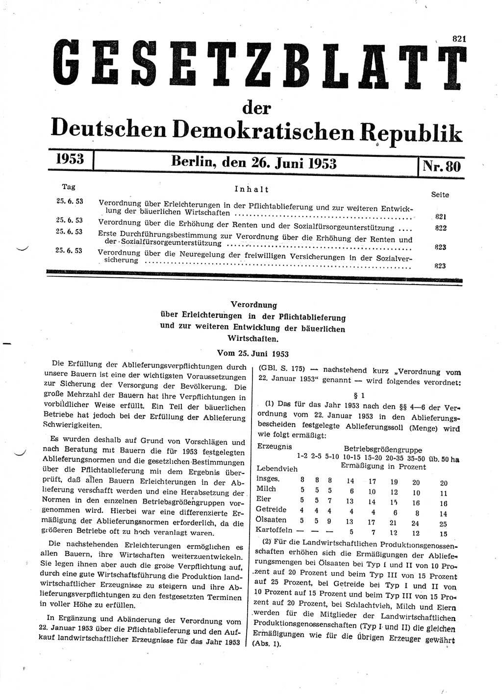 Gesetzblatt (GBl.) der Deutschen Demokratischen Republik (DDR) 1953, Seite 821 (GBl. DDR 1953, S. 821)
