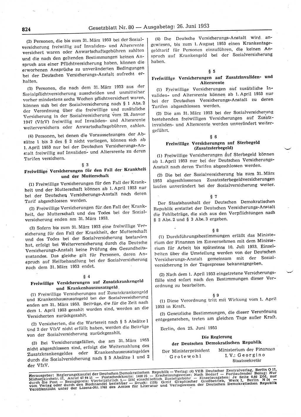 Gesetzblatt (GBl.) der Deutschen Demokratischen Republik (DDR) 1953, Seite 824 (GBl. DDR 1953, S. 824)