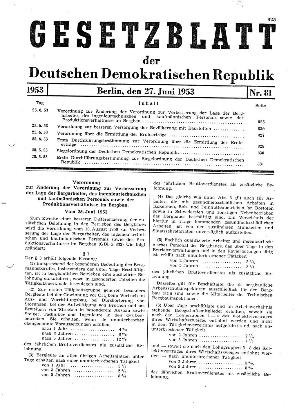 Gesetzblatt (GBl.) der Deutschen Demokratischen Republik (DDR) 1953, Seite 825 (GBl. DDR 1953, S. 825)