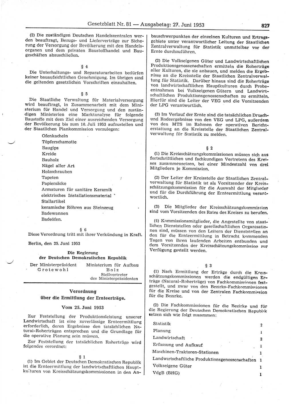 Gesetzblatt (GBl.) der Deutschen Demokratischen Republik (DDR) 1953, Seite 827 (GBl. DDR 1953, S. 827)