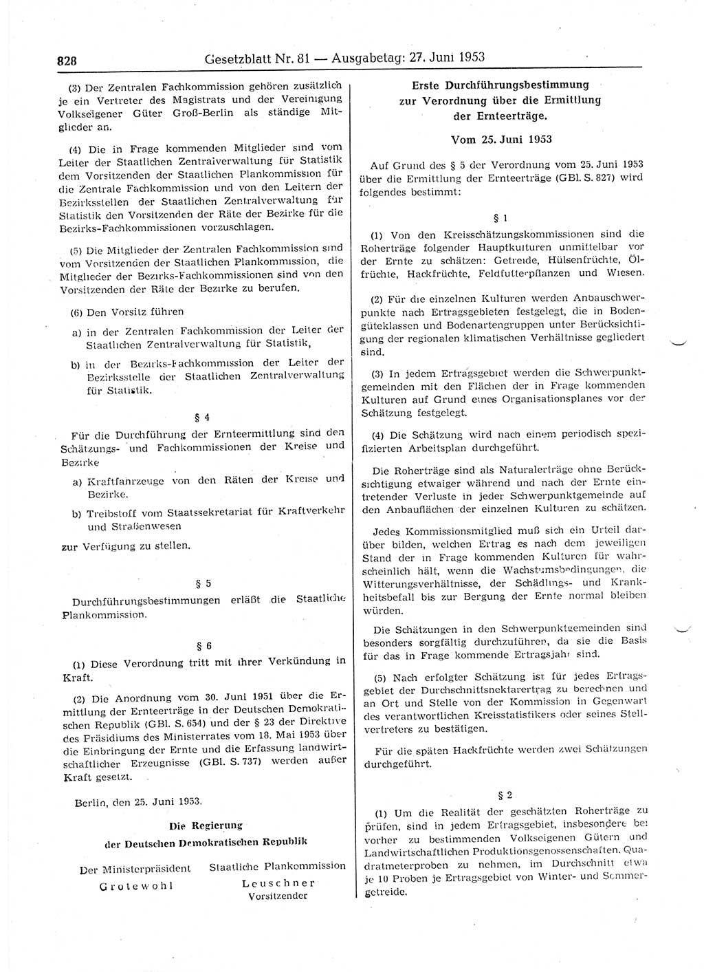 Gesetzblatt (GBl.) der Deutschen Demokratischen Republik (DDR) 1953, Seite 828 (GBl. DDR 1953, S. 828)