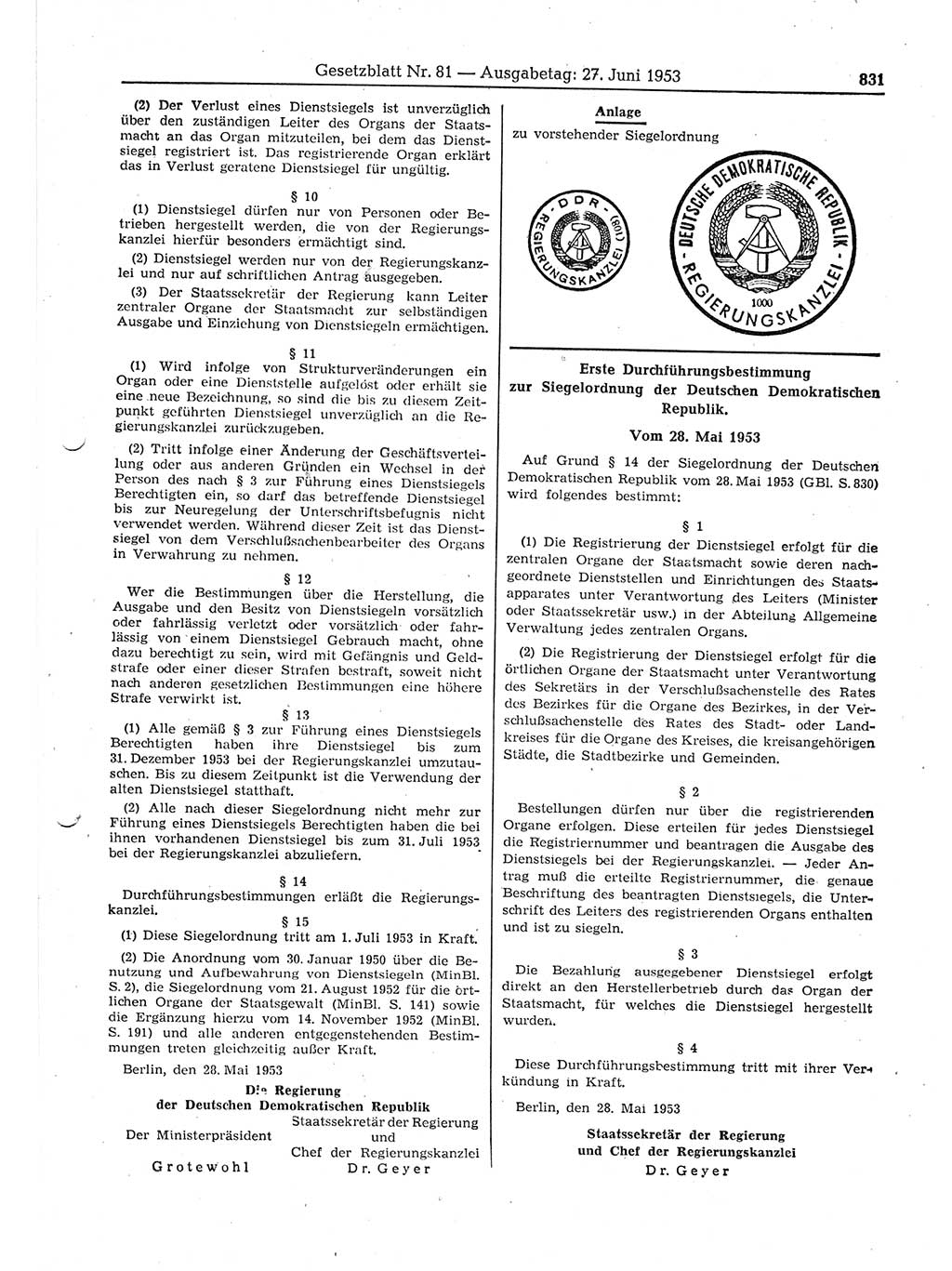 Gesetzblatt (GBl.) der Deutschen Demokratischen Republik (DDR) 1953, Seite 831 (GBl. DDR 1953, S. 831)