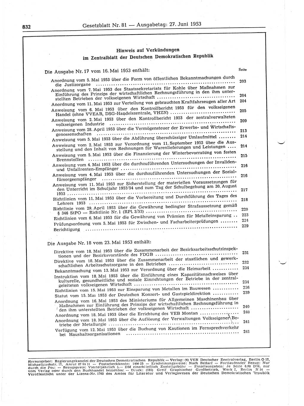 Gesetzblatt (GBl.) der Deutschen Demokratischen Republik (DDR) 1953, Seite 832 (GBl. DDR 1953, S. 832)