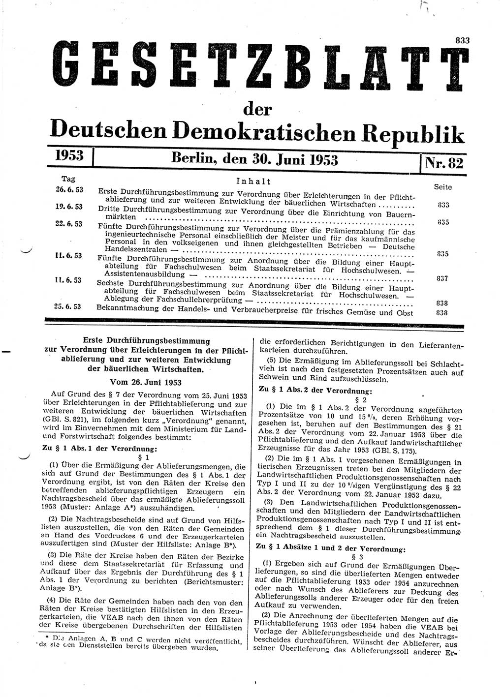 Gesetzblatt (GBl.) der Deutschen Demokratischen Republik (DDR) 1953, Seite 833 (GBl. DDR 1953, S. 833)