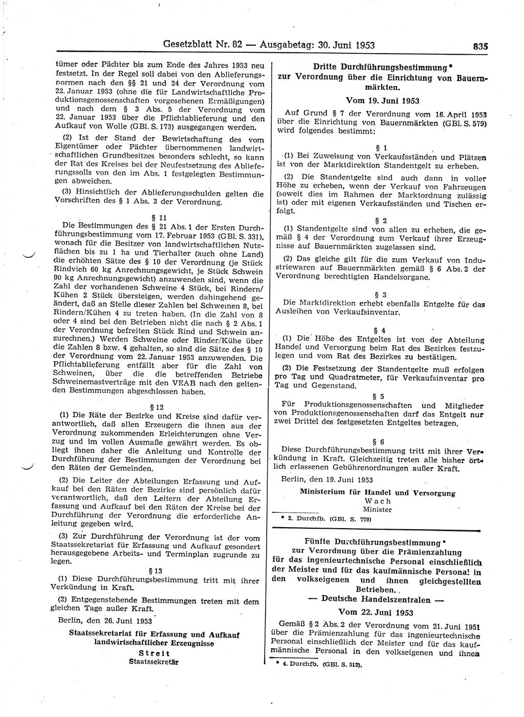 Gesetzblatt (GBl.) der Deutschen Demokratischen Republik (DDR) 1953, Seite 835 (GBl. DDR 1953, S. 835)
