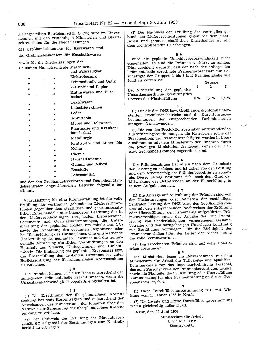 Gesetzblatt (GBl.) der Deutschen Demokratischen Republik (DDR) 1953, Seite 836 (GBl. DDR 1953, S. 836)