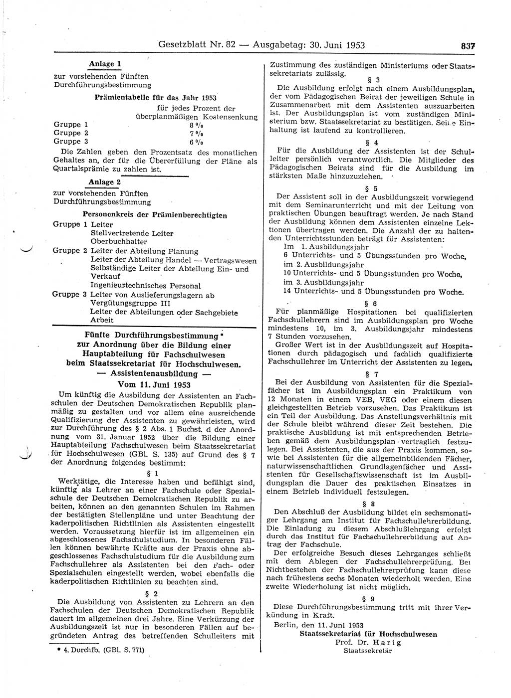 Gesetzblatt (GBl.) der Deutschen Demokratischen Republik (DDR) 1953, Seite 837 (GBl. DDR 1953, S. 837)