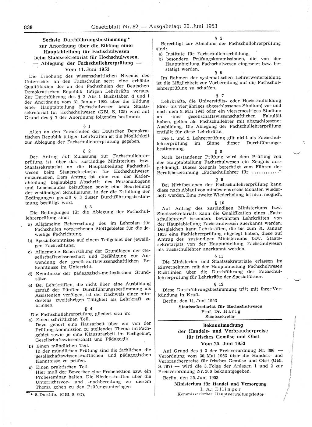 Gesetzblatt (GBl.) der Deutschen Demokratischen Republik (DDR) 1953, Seite 838 (GBl. DDR 1953, S. 838)