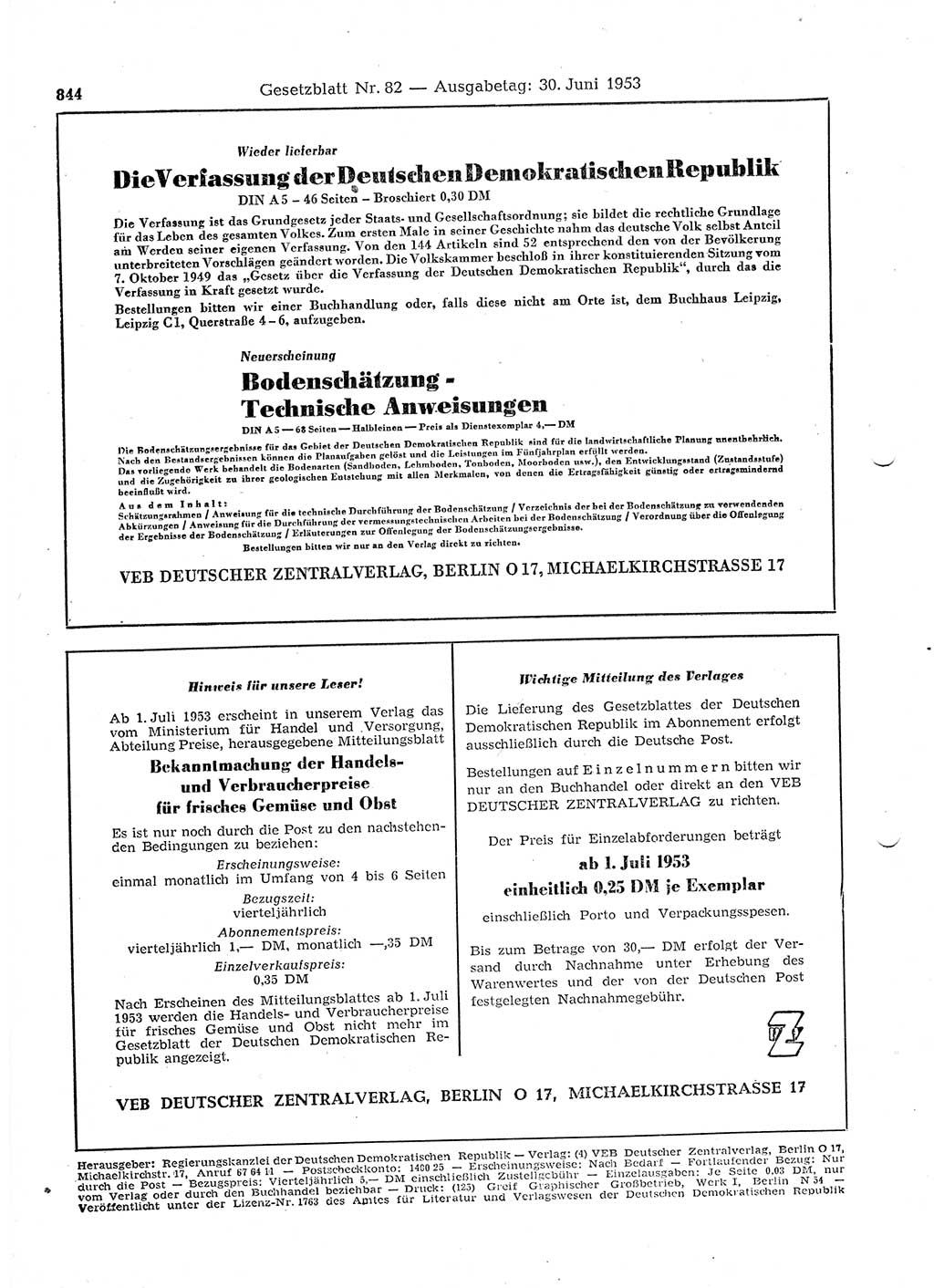 Gesetzblatt (GBl.) der Deutschen Demokratischen Republik (DDR) 1953, Seite 844 (GBl. DDR 1953, S. 844)