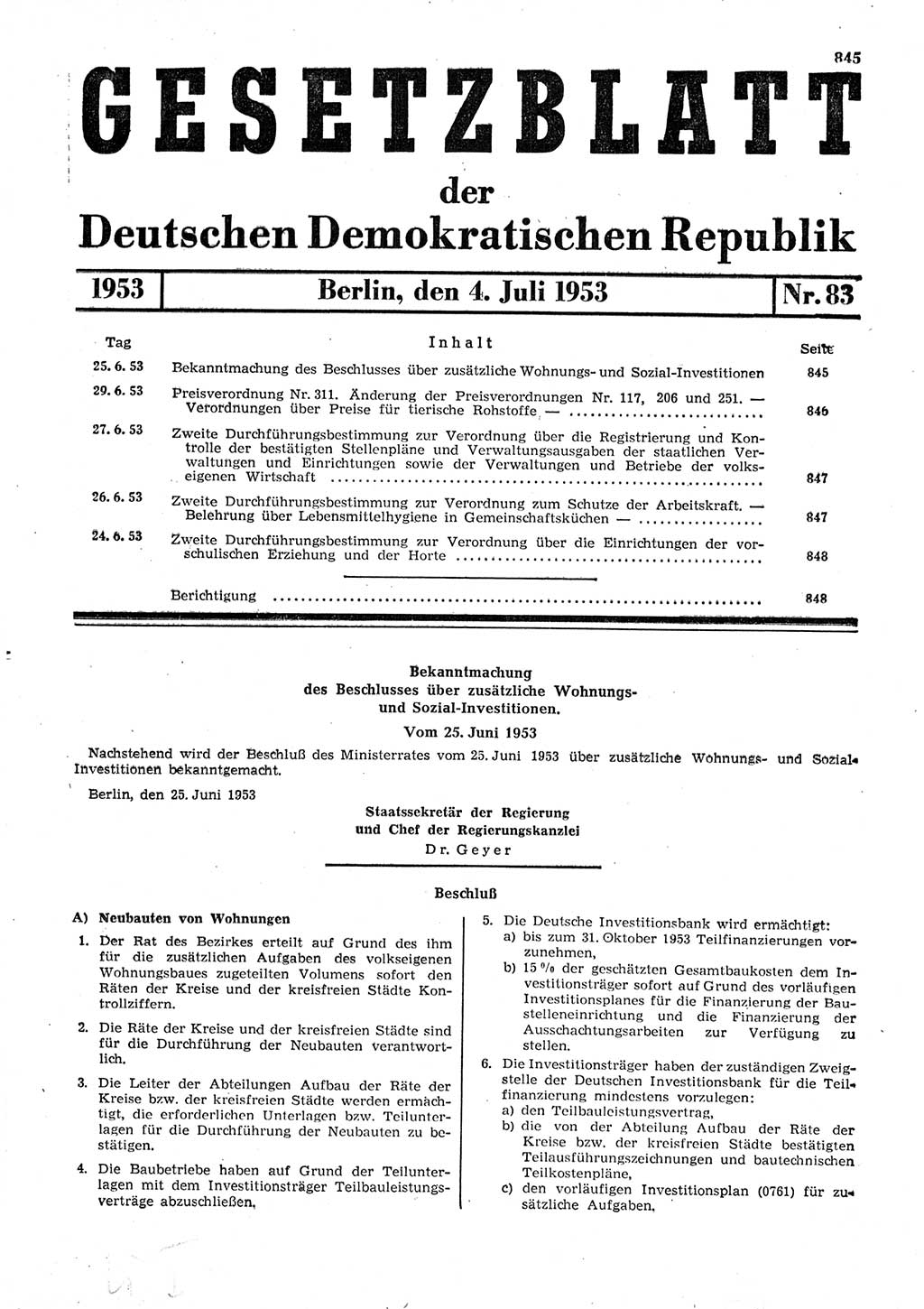 Gesetzblatt (GBl.) der Deutschen Demokratischen Republik (DDR) 1953, Seite 845 (GBl. DDR 1953, S. 845)