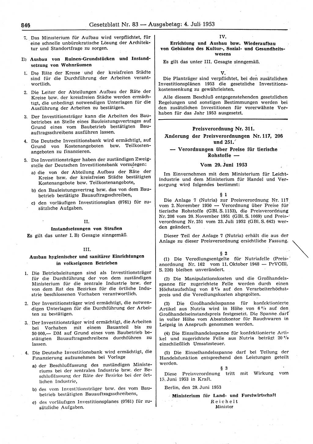Gesetzblatt (GBl.) der Deutschen Demokratischen Republik (DDR) 1953, Seite 846 (GBl. DDR 1953, S. 846)