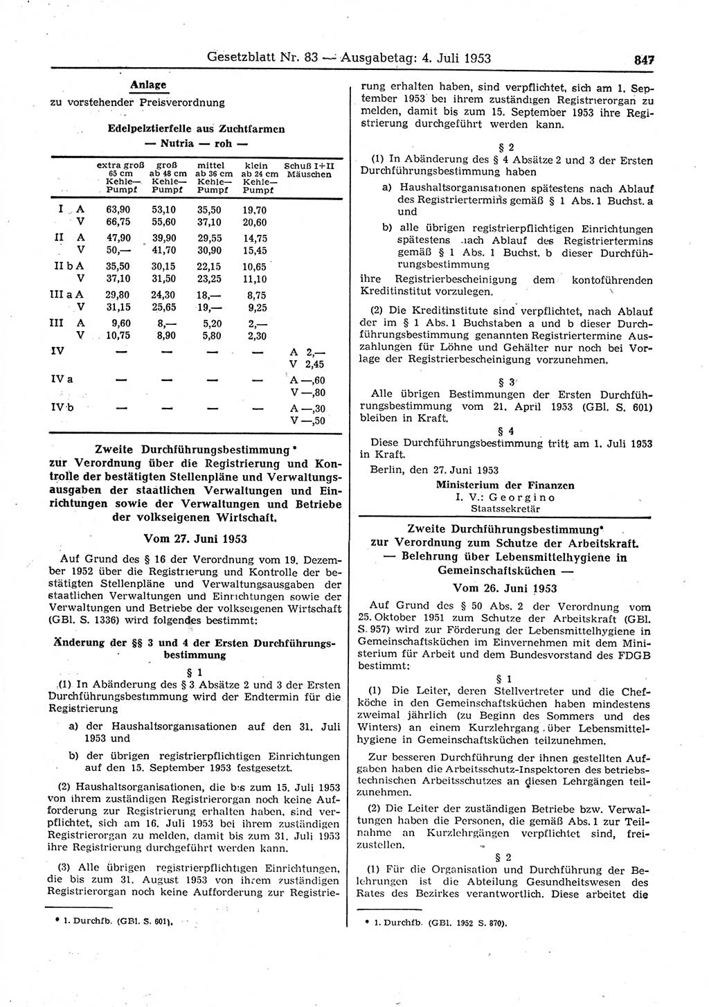 Gesetzblatt (GBl.) der Deutschen Demokratischen Republik (DDR) 1953, Seite 847 (GBl. DDR 1953, S. 847)