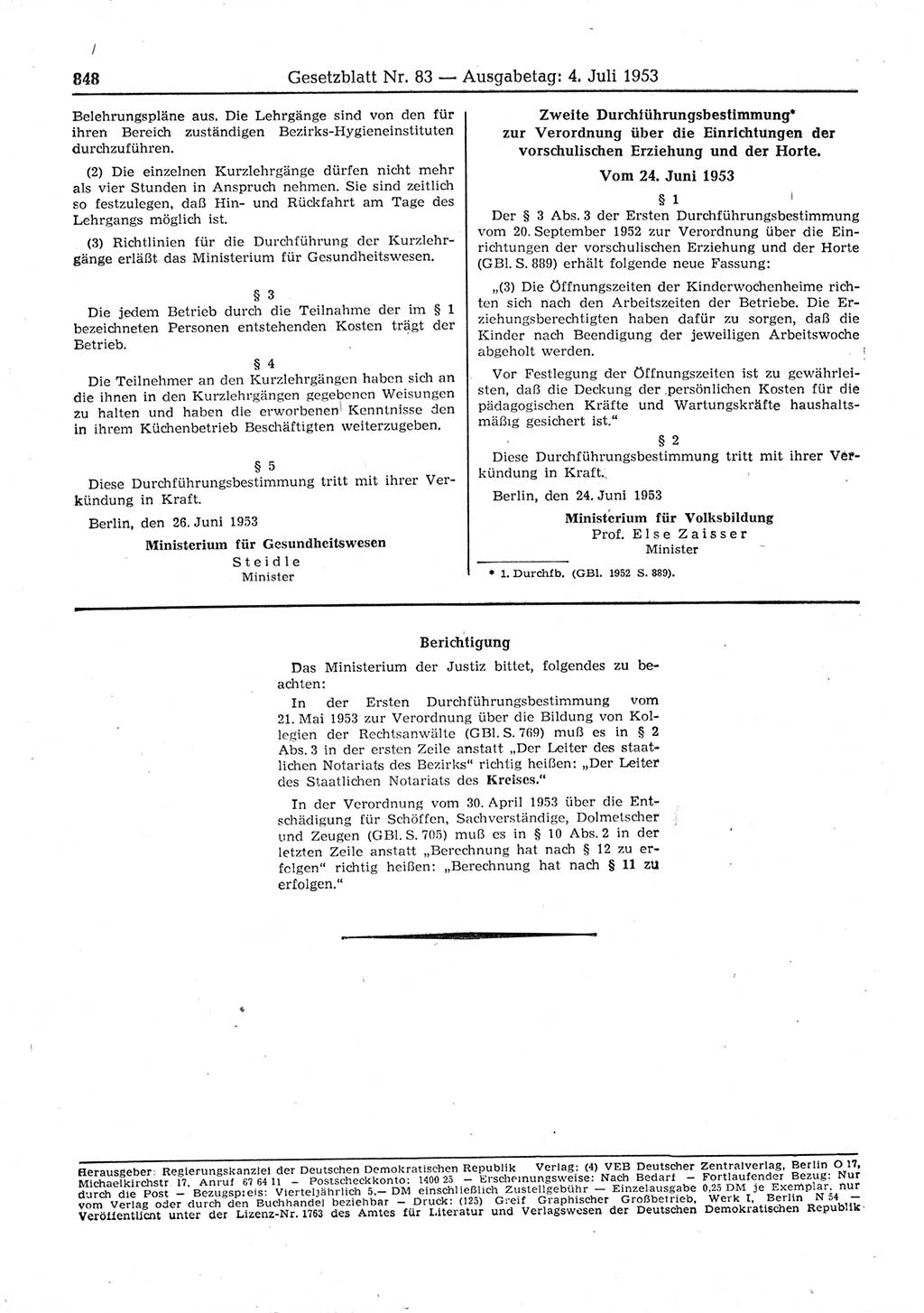 Gesetzblatt (GBl.) der Deutschen Demokratischen Republik (DDR) 1953, Seite 848 (GBl. DDR 1953, S. 848)