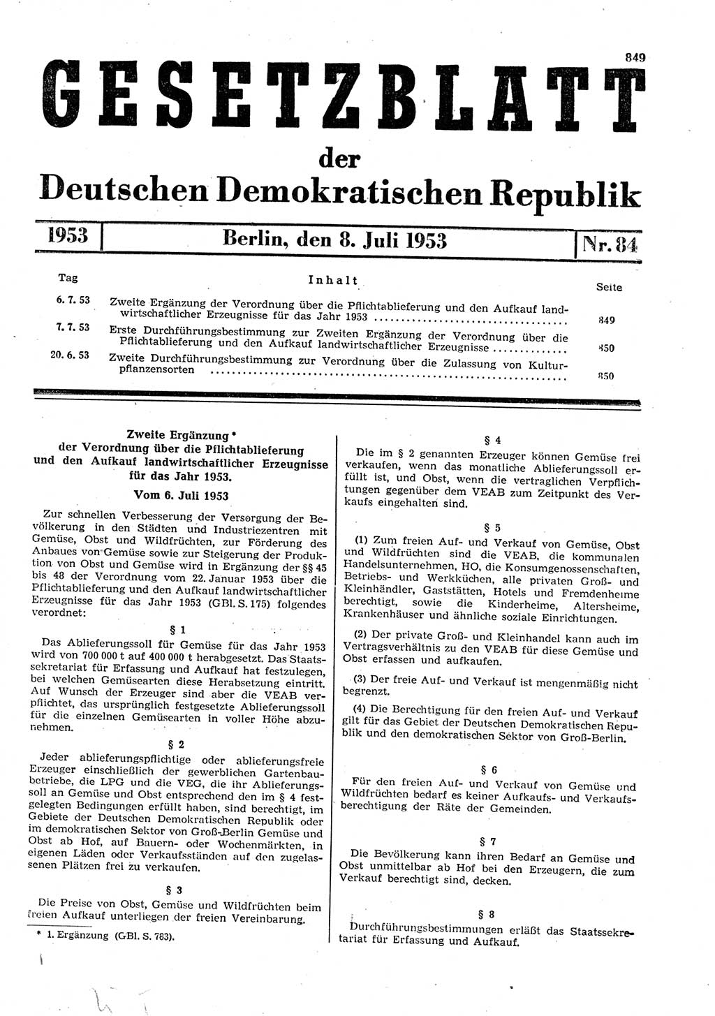 Gesetzblatt (GBl.) der Deutschen Demokratischen Republik (DDR) 1953, Seite 849 (GBl. DDR 1953, S. 849)