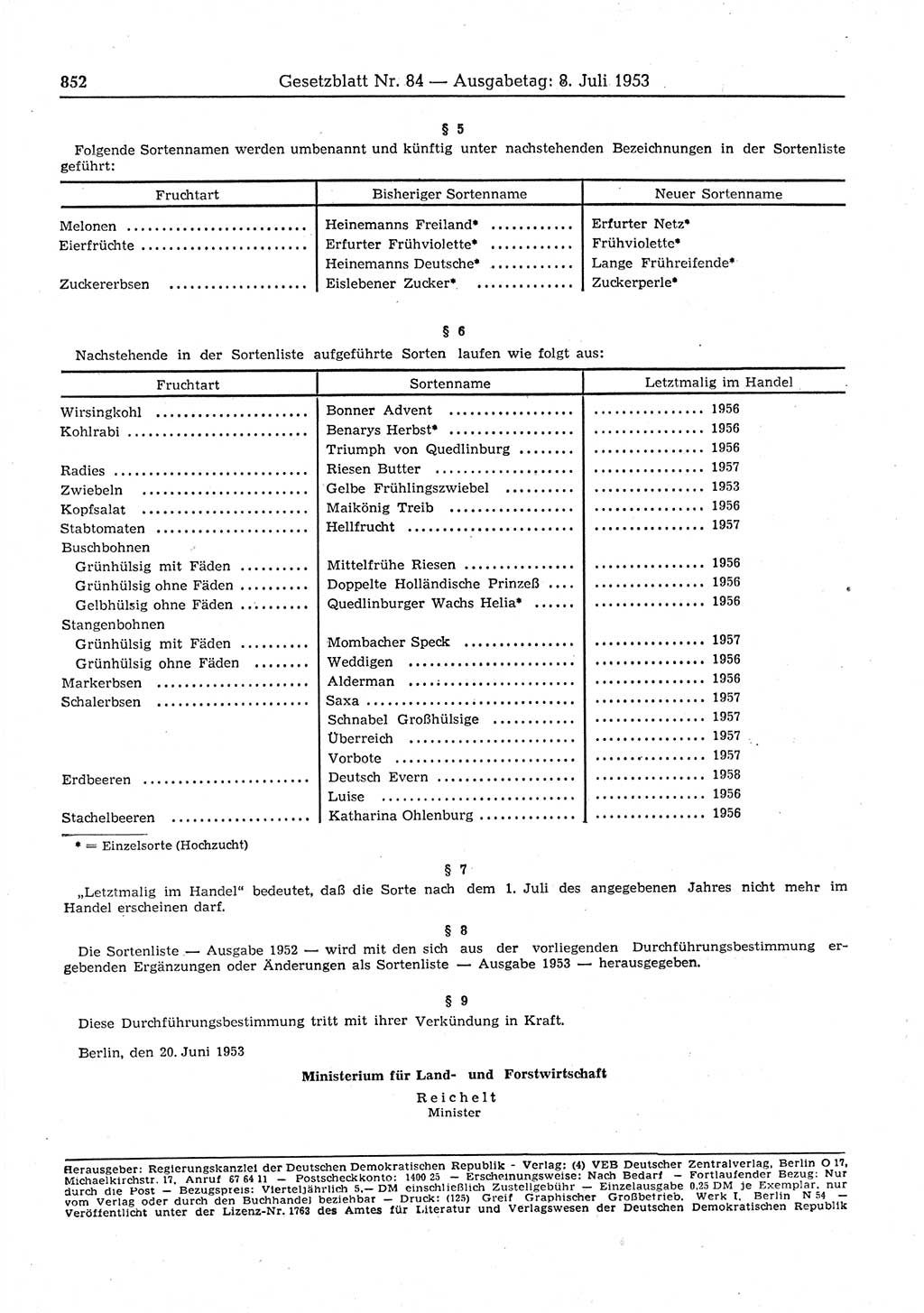 Gesetzblatt (GBl.) der Deutschen Demokratischen Republik (DDR) 1953, Seite 852 (GBl. DDR 1953, S. 852)