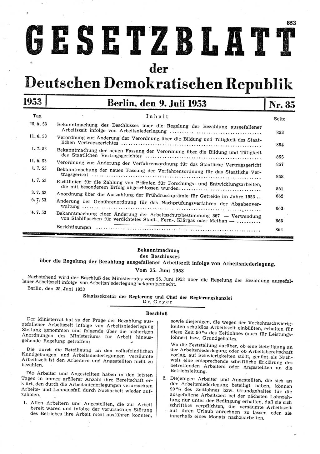 Gesetzblatt (GBl.) der Deutschen Demokratischen Republik (DDR) 1953, Seite 853 (GBl. DDR 1953, S. 853)