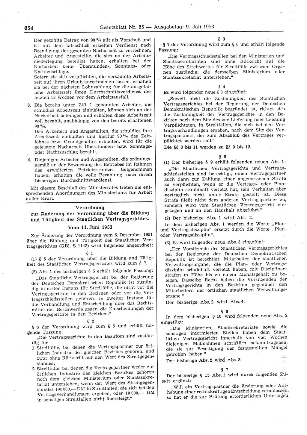 Gesetzblatt (GBl.) der Deutschen Demokratischen Republik (DDR) 1953, Seite 854 (GBl. DDR 1953, S. 854)