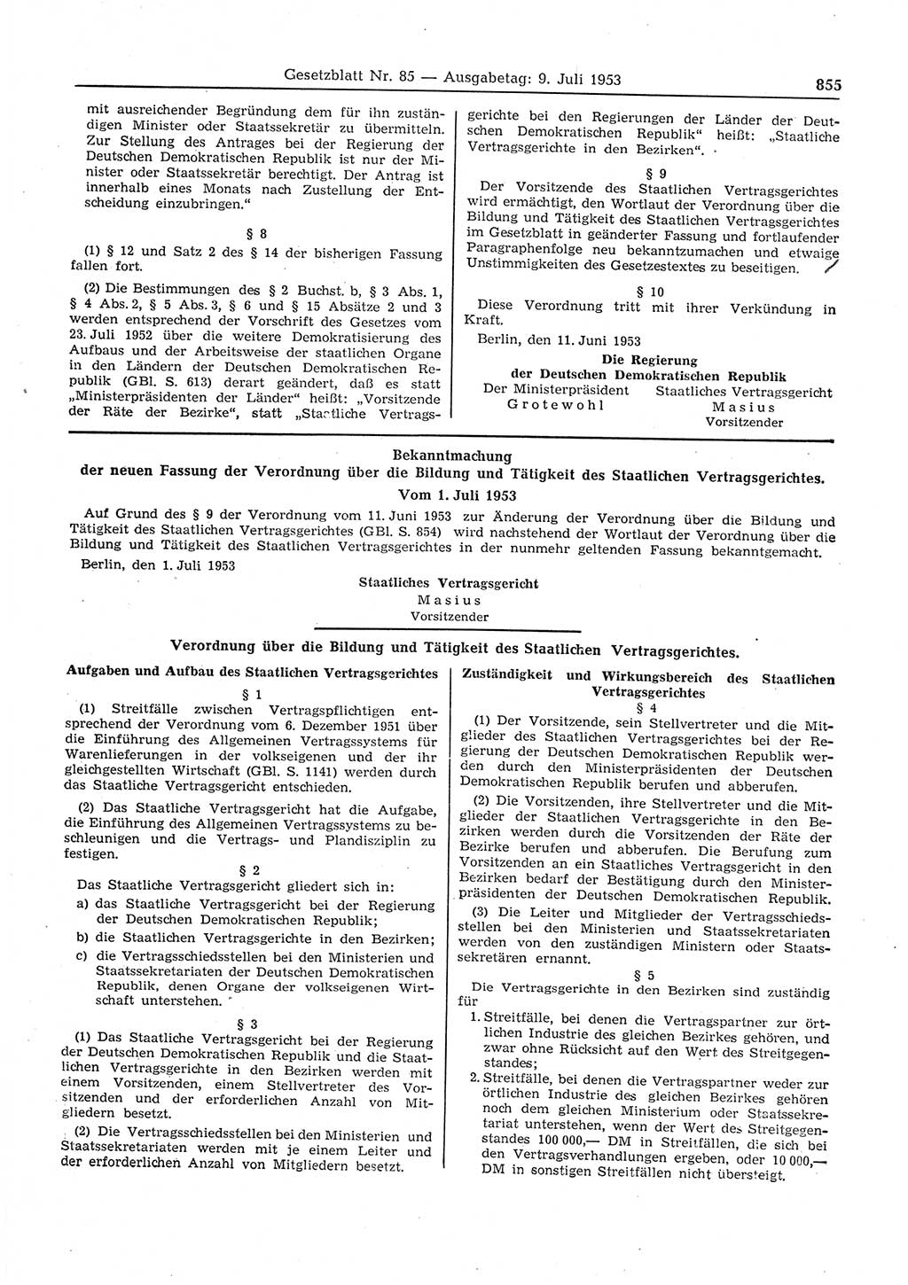 Gesetzblatt (GBl.) der Deutschen Demokratischen Republik (DDR) 1953, Seite 855 (GBl. DDR 1953, S. 855)