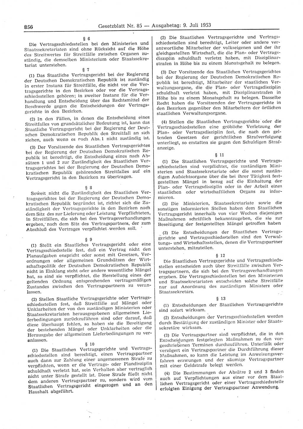 Gesetzblatt (GBl.) der Deutschen Demokratischen Republik (DDR) 1953, Seite 856 (GBl. DDR 1953, S. 856)