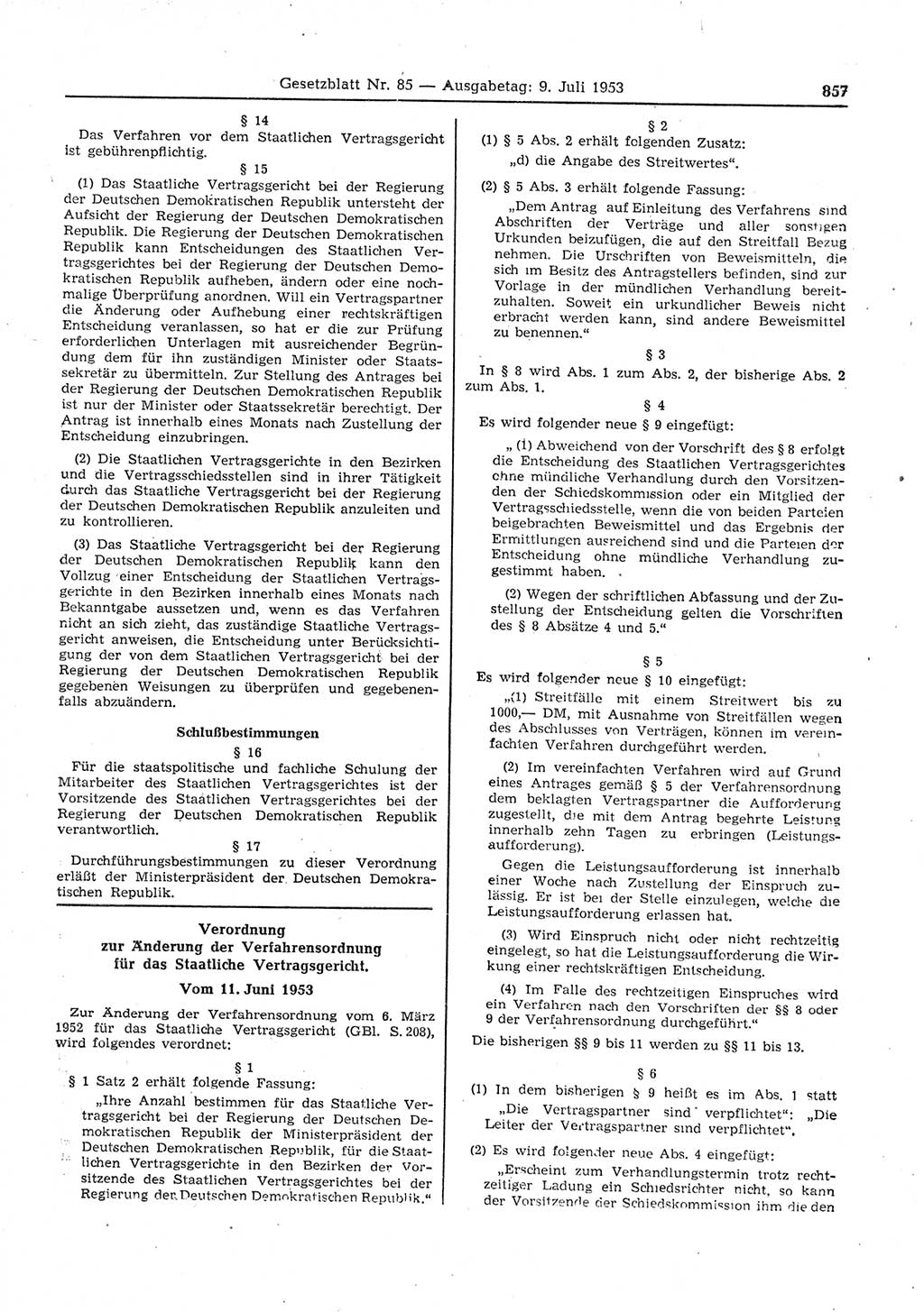 Gesetzblatt (GBl.) der Deutschen Demokratischen Republik (DDR) 1953, Seite 857 (GBl. DDR 1953, S. 857)