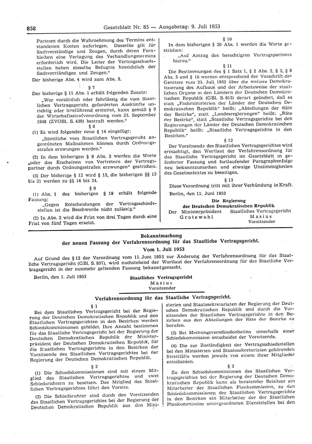 Gesetzblatt (GBl.) der Deutschen Demokratischen Republik (DDR) 1953, Seite 858 (GBl. DDR 1953, S. 858)