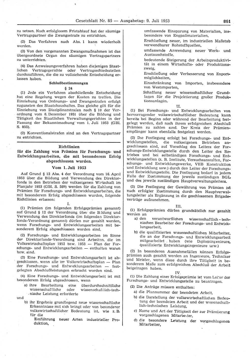 Gesetzblatt (GBl.) der Deutschen Demokratischen Republik (DDR) 1953, Seite 861 (GBl. DDR 1953, S. 861)