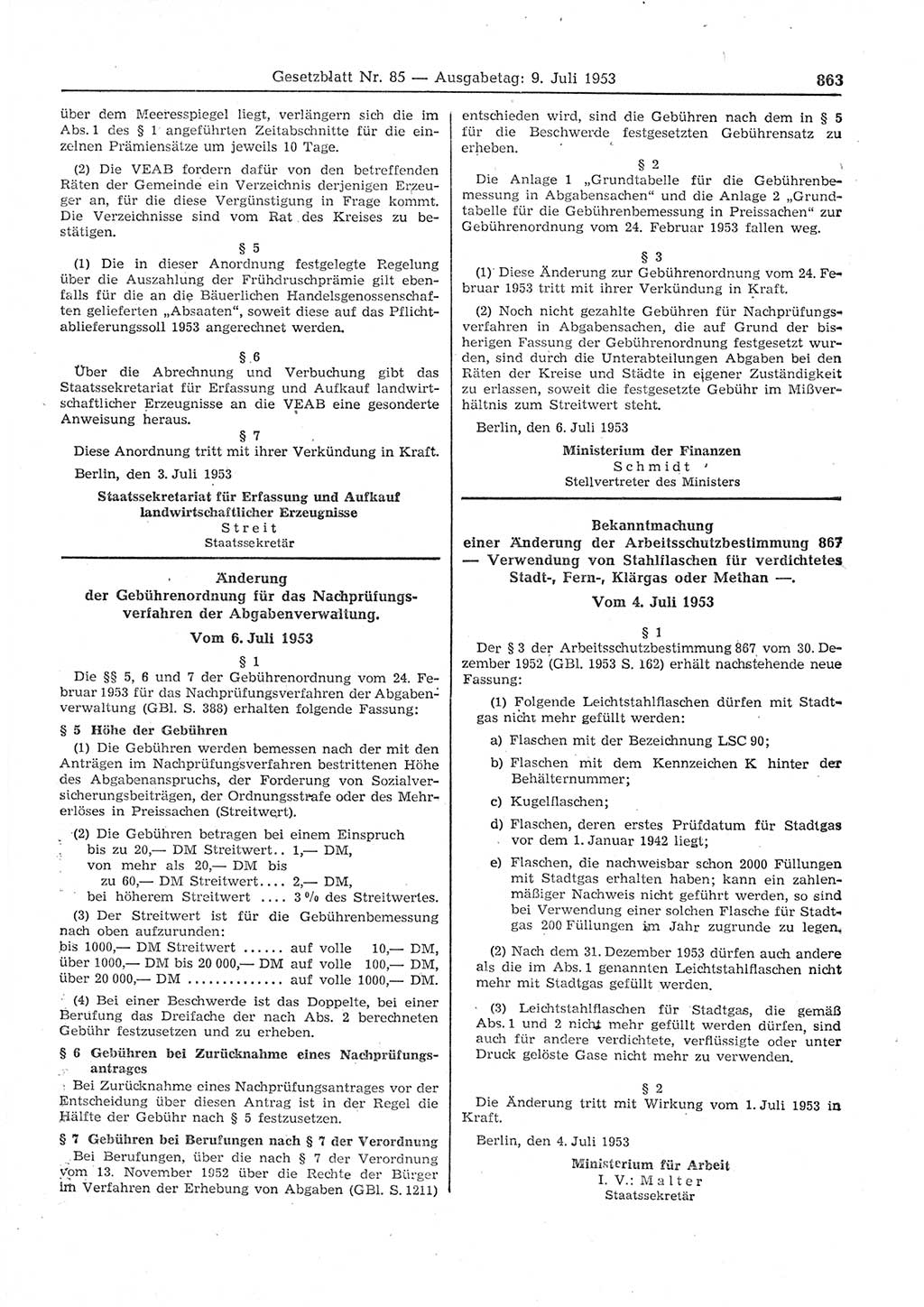 Gesetzblatt (GBl.) der Deutschen Demokratischen Republik (DDR) 1953, Seite 863 (GBl. DDR 1953, S. 863)