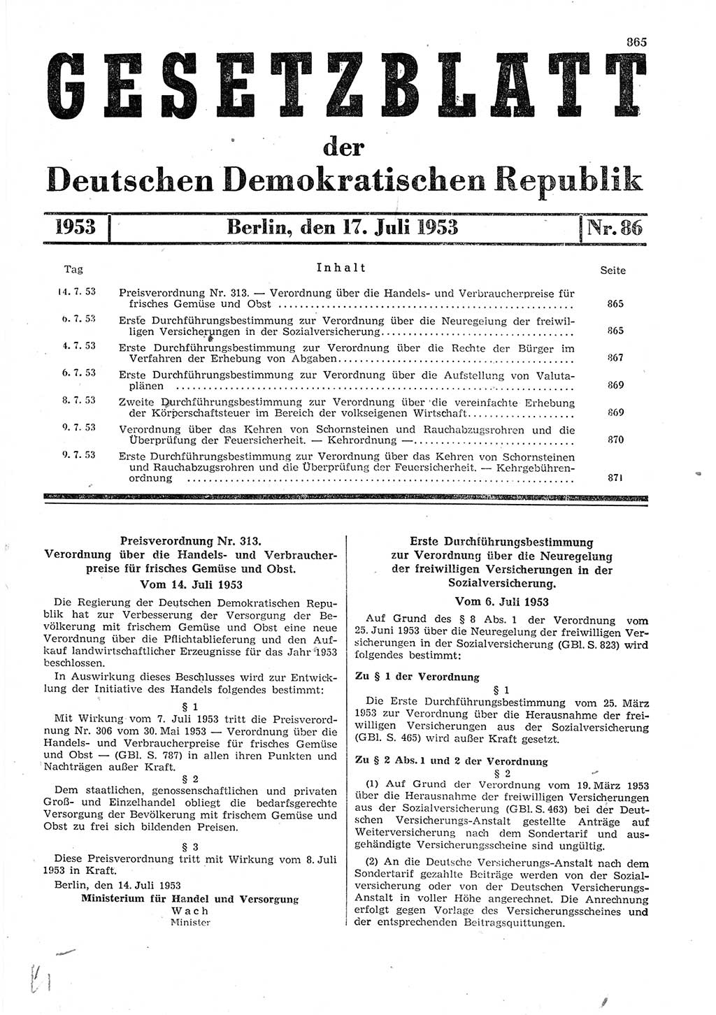 Gesetzblatt (GBl.) der Deutschen Demokratischen Republik (DDR) 1953, Seite 865 (GBl. DDR 1953, S. 865)