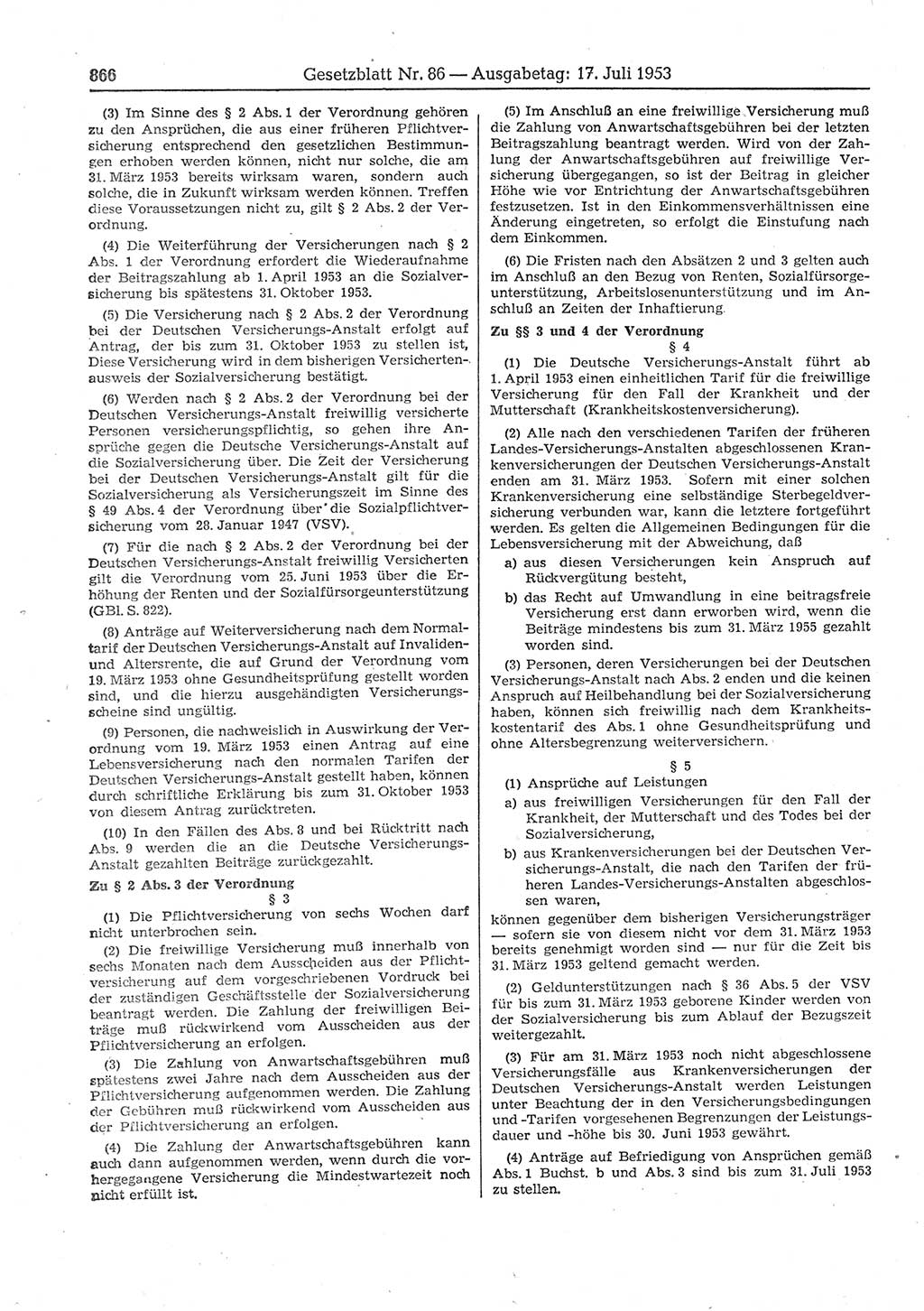 Gesetzblatt (GBl.) der Deutschen Demokratischen Republik (DDR) 1953, Seite 866 (GBl. DDR 1953, S. 866)