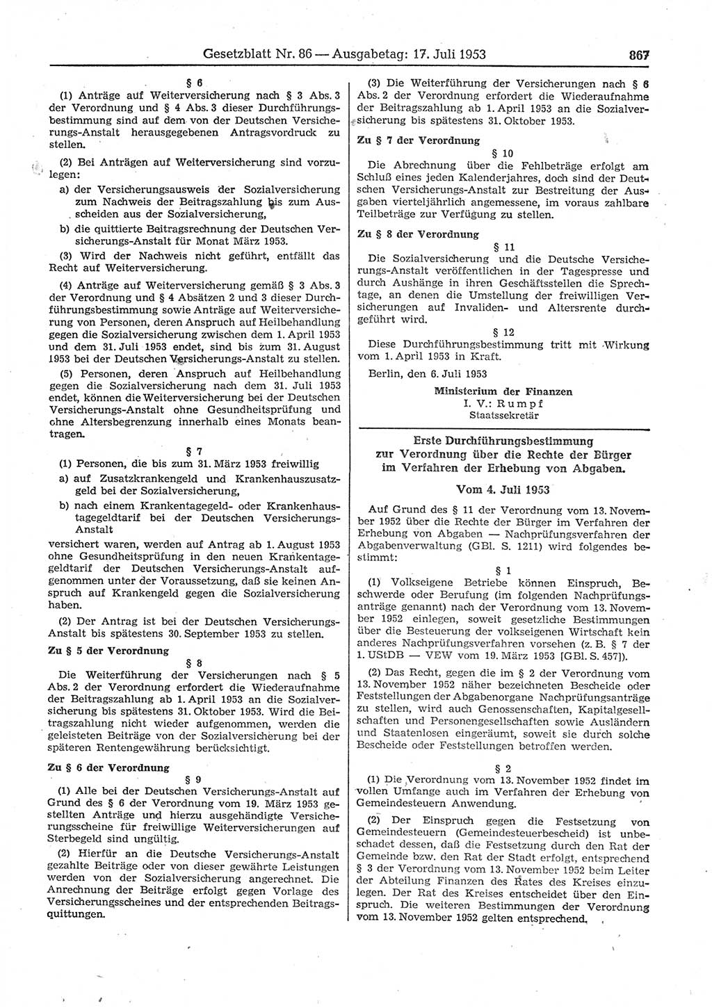 Gesetzblatt (GBl.) der Deutschen Demokratischen Republik (DDR) 1953, Seite 867 (GBl. DDR 1953, S. 867)