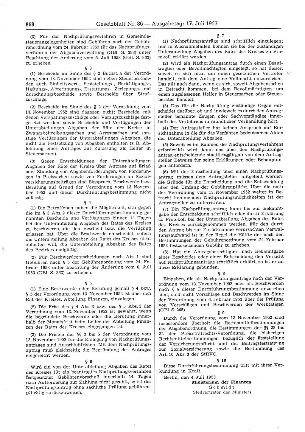 Gesetzblatt (GBl.) der Deutschen Demokratischen Republik (DDR) 1953, Seite 868 (GBl. DDR 1953, S. 868)