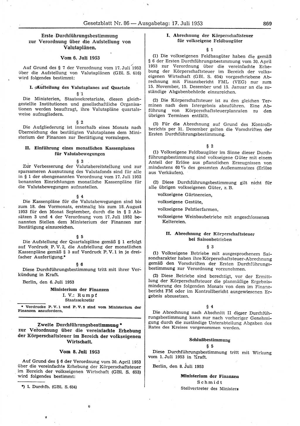 Gesetzblatt (GBl.) der Deutschen Demokratischen Republik (DDR) 1953, Seite 869 (GBl. DDR 1953, S. 869)