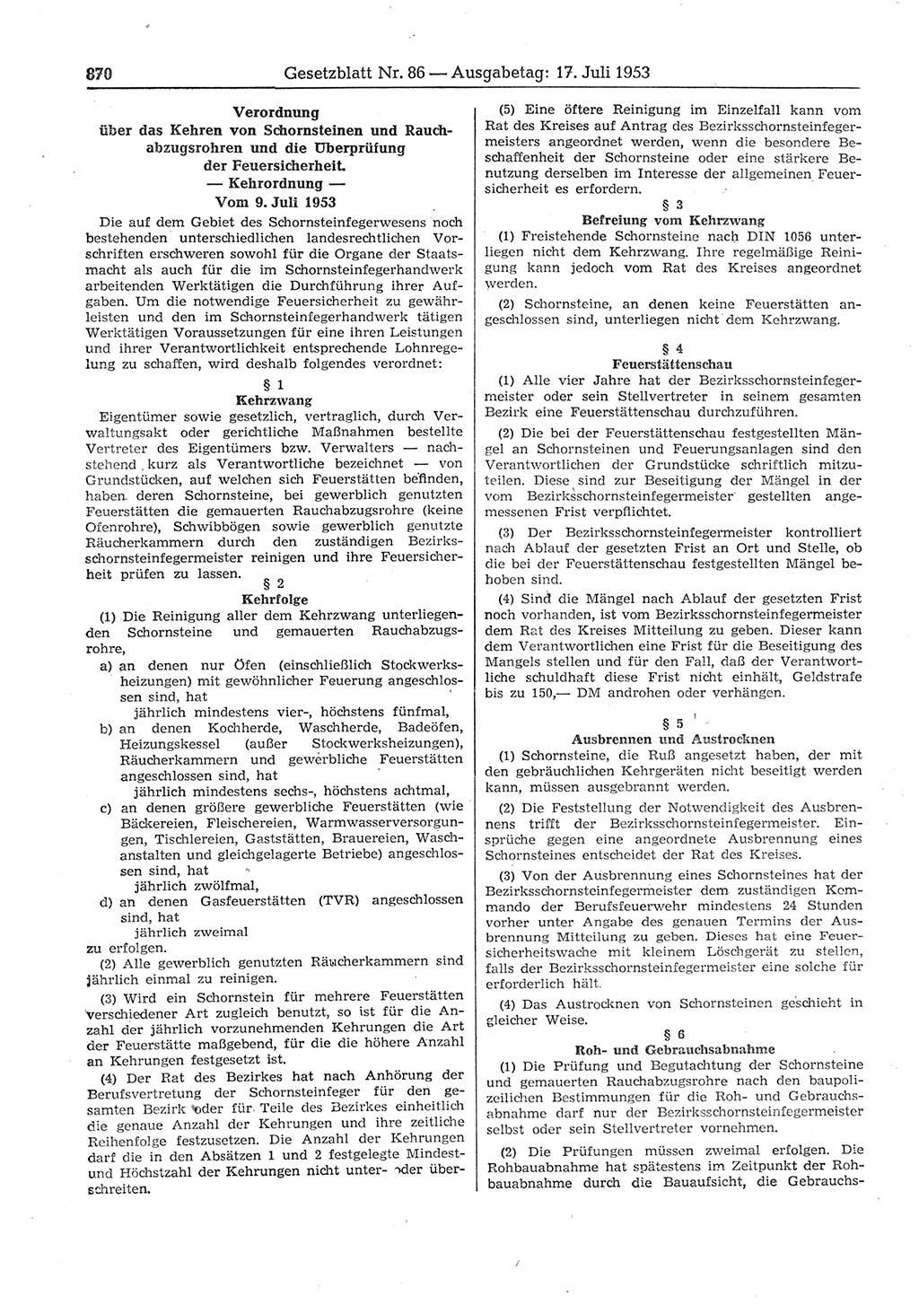 Gesetzblatt (GBl.) der Deutschen Demokratischen Republik (DDR) 1953, Seite 870 (GBl. DDR 1953, S. 870)