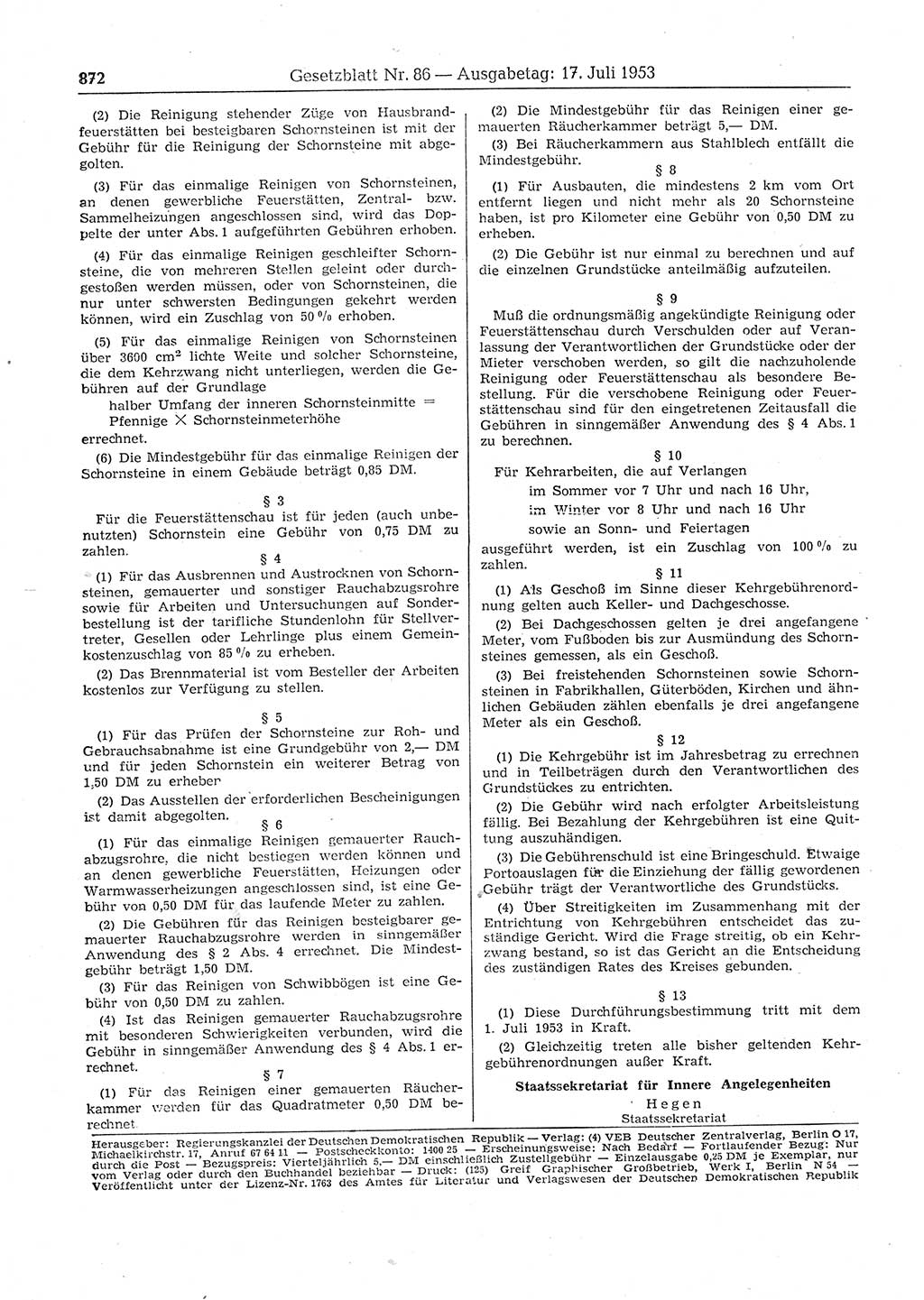 Gesetzblatt (GBl.) der Deutschen Demokratischen Republik (DDR) 1953, Seite 872 (GBl. DDR 1953, S. 872)